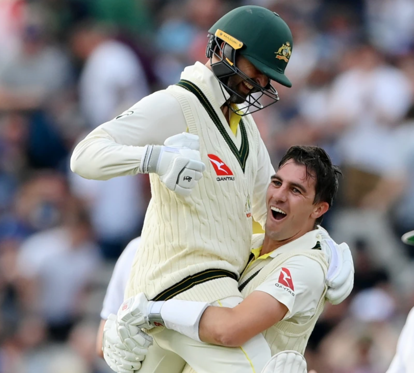 Australian cricket team embrace after the first test of the 2023 Ashes
