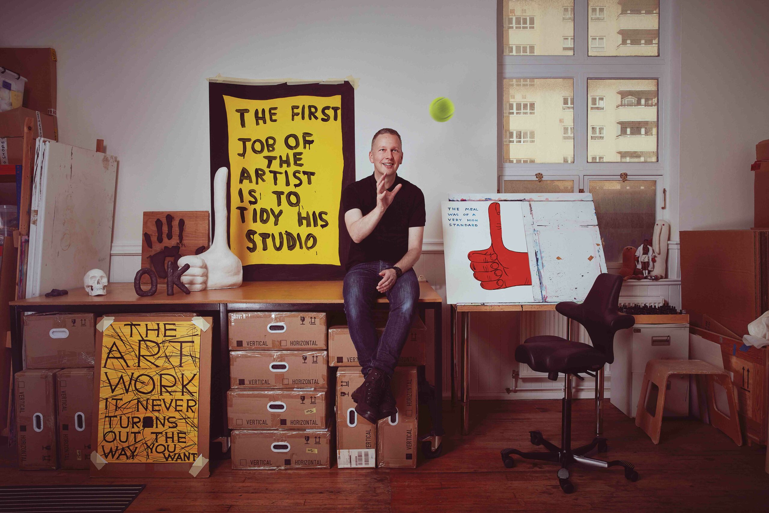 “The opposite of comedy is misery”: artist David Shrigley on drawing, tennis balls and the value of humour in art