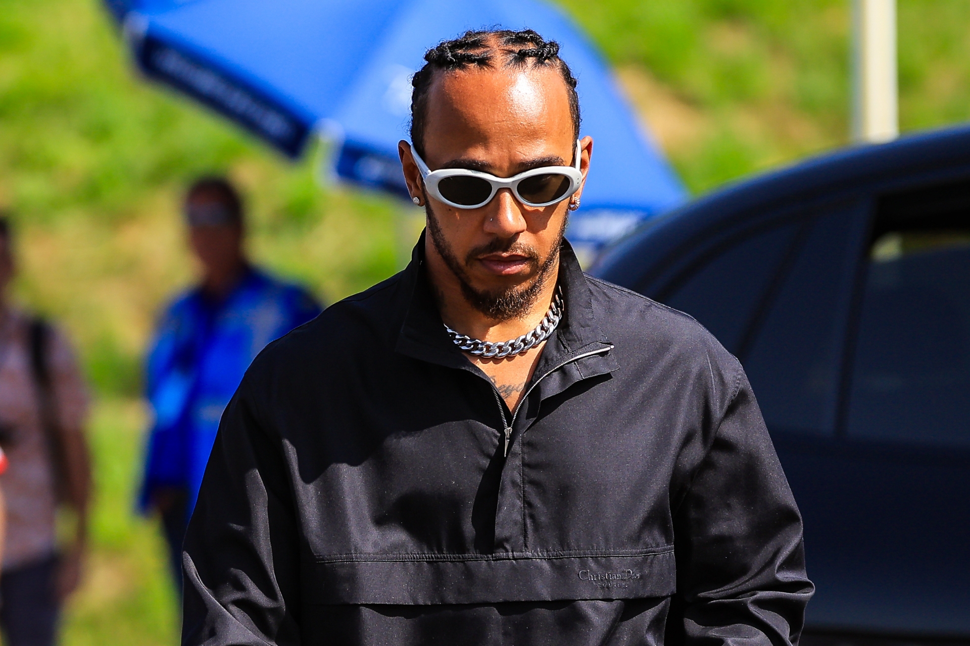 Lewis Hamilton wears a silky Dior matching set