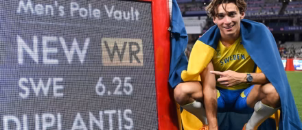 Armand 'Mondo' Duplantis soars to a new world record wearing the new Omega Seamaster Aqua Terra 150m Ultra Light.