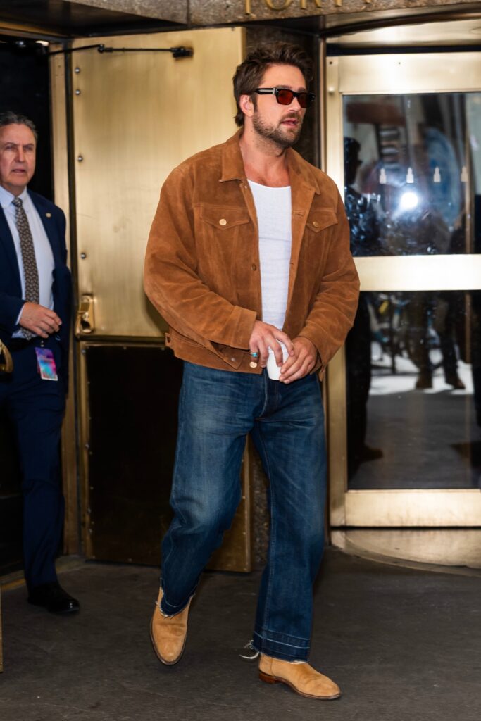 brandon sklenar wearing suede jacket